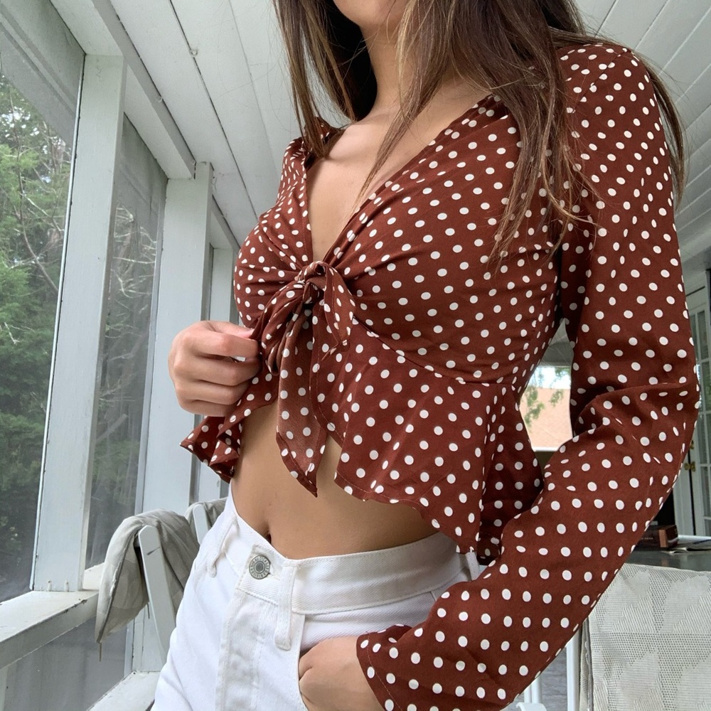 burgundy tie front blouse - Picture 1 of 4